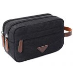 Mens Travel Toiletry Bag Canvas Leather Cosmetic Makeup Organizer Shaving Dopp Kits with Double Compartments (Black)